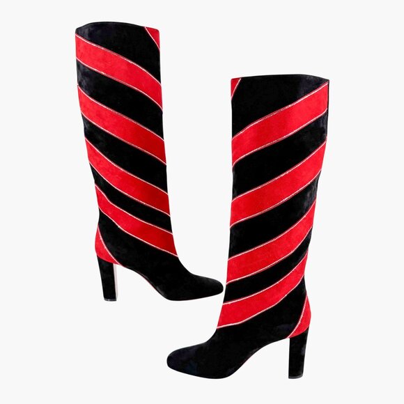 Christian Louboutin Gael Knee High Boot Size 39.5 US 9.5 Black Red Stripe Strass - Picture 13 of 15